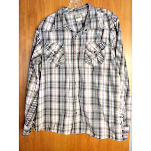 Bke Shirt Men's Medium Brown & Red Western Snap Plaid Checkered Slim Fit Cotton